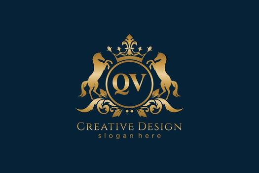 initial QV Retro golden crest with circle and two horses, badge template with scrolls and royal crown - perfect for luxurious branding projects vector