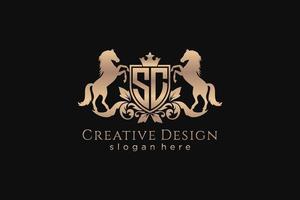 initial SC Retro golden crest with shield and two horses, badge template with scrolls and royal crown - perfect for luxurious branding projects vector