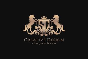 initial SC Retro golden crest with shield and two horses, badge template with scrolls and royal crown - perfect for luxurious branding projects vector