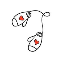 Cute knitted mittens with heart ornament. Doodle style vector illustration of winter accessories.