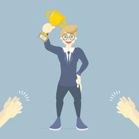 Successful and happy businessman, office worker holding trophy award and applause, flat character design vector illustration clip art