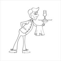 Waiter with towel holds the order with one hand. Black and white illustration. Coloring book. Waiter brings glass of wine. Vector illustration.