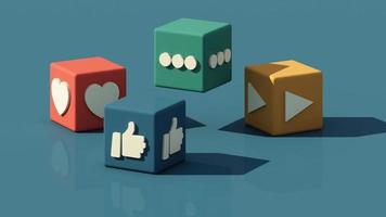 icône de médias sociaux logo boîte de cube concept d'applications de communication sociale en ligne, emoji, coeurs, icône de pouce vers le haut, icône de lecture et icône de message de chat sur fond bleu animation de rendu 3d minimale en boucle video