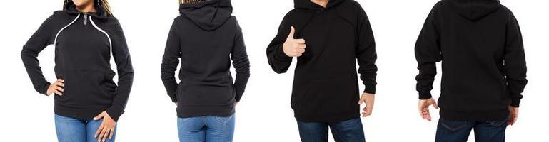 female and male hoodie mock up isolated - hood set front and back view, girl and man in empty black pullover photo