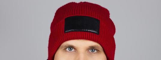 man in blank red winter hat isolated , mock up , copy space photo