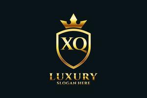 initial XQ elegant luxury monogram logo or badge template with scrolls and royal crown - perfect for luxurious branding projects vector