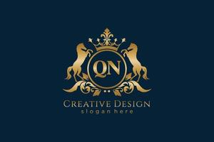 initial QN Retro golden crest with circle and two horses, badge template with scrolls and royal crown - perfect for luxurious branding projects vector