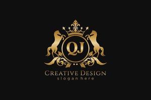 initial QJ Retro golden crest with circle and two horses, badge template with scrolls and royal crown - perfect for luxurious branding projects vector