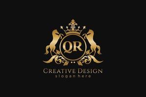 initial QR Retro golden crest with circle and two horses, badge template with scrolls and royal crown - perfect for luxurious branding projects vector