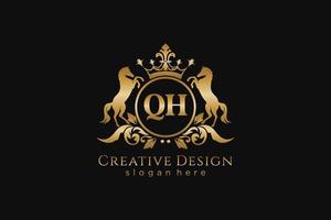 initial QH Retro golden crest with circle and two horses, badge template with scrolls and royal crown - perfect for luxurious branding projects vector