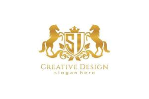 initial SI Retro golden crest with shield and two horses, badge template with scrolls and royal crown - perfect for luxurious branding projects vector