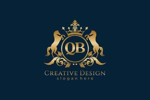 initial QB Retro golden crest with circle and two horses, badge template with scrolls and royal crown - perfect for luxurious branding projects vector