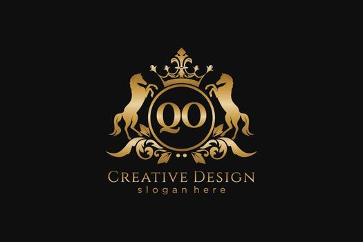 initial QO Retro golden crest with circle and two horses, badge template with scrolls and royal crown - perfect for luxurious branding projects vector