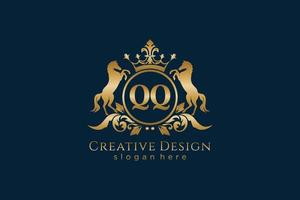initial QQ Retro golden crest with circle and two horses, badge template with scrolls and royal crown - perfect for luxurious branding projects vector