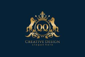 initial QQ Retro golden crest with circle and two horses, badge template with scrolls and royal crown - perfect for luxurious branding projects vector