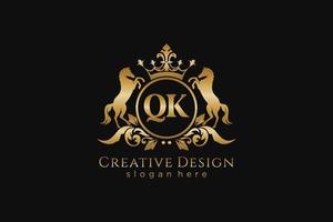 initial QK Retro golden crest with circle and two horses, badge template with scrolls and royal crown - perfect for luxurious branding projects vector