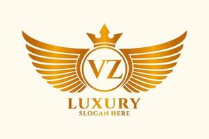 letra de ala real de lujo vz vector de logotipo de color dorado, logotipo de victoria, logotipo de cresta, logotipo de ala, plantilla de logotipo vectorial.