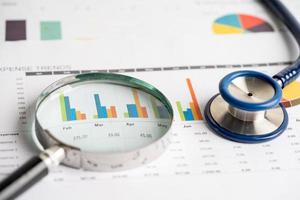 Stethoscope on charts and graphs paper, Finance, Account, Statistics, Investment, Analytic research data economy and Business company concept. photo