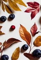 3d illustration of decorative natural autumn berries and leaves on a grey white textured paper photo