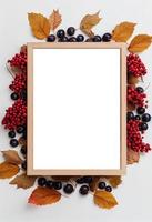 3d illustration of decorative wood frame made of autumn berries and leaves on a white surface photo