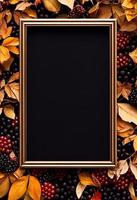 3d illustration of decorative rectangle wood frame with autumn berries and leaves around it photo
