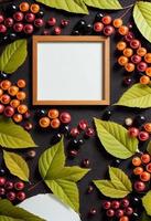 Autumn theme photo frame mock up picture surrounded by leaves and berries