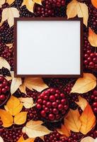 Autumn theme photo frame mock up picture surrounded by leaves and berries