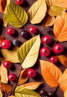 Ilustración 3d de bayas y hojas de otoño sobre una mesa foto