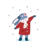 personaje de conejito de navidad. conejo en ropa de invierno sobre un fondo de nieve. vector