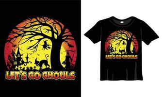 vamos a la plantilla de diseño de camisetas de ghouls. camiseta de halloween con noche, luna, bruja. camiseta de fondo nocturno para imprimir. vector