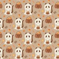 Boho Halloween pattern. Boho Halloween spooky. Ghost with sweets seamless background. Cute spooky cat in pastel background wallpaper. Classic Halloween surface design, vector illustration Trick treat