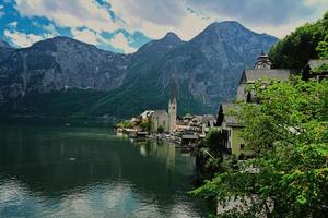 Beautiful scenic landscape over Austrian alps lake in Hallstatt, Salzkammergut, Austria. photo