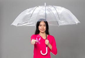 October Breast Cancer Awareness month, adult Woman in pink dress hand holding Pink Ribbon and umbrella for supporting protection. International Women, Mother and World cancer day concept copy space photo