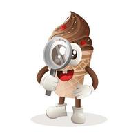Cute ice cream mascot conducting research, holding a magnifying glass vector
