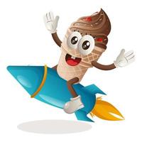 Cute ice cream mascot flying on rocket vector