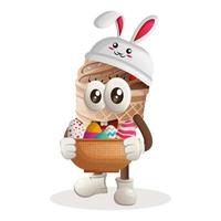 linda mascota de helado con la gorra de conejito sosteniendo un huevo de Pascua en una canasta vector