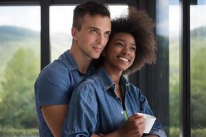 romantic happy young couple relax at modern home indoors photo