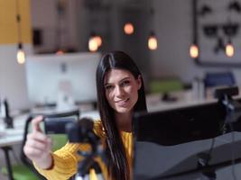 business woman have online meeting in modern open space coworking office photo