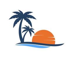 Palm tree with wave and sunset vector