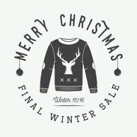 Vintage Merry Christmas or winter sales logo, emblem, badge, label and watermark in retro style with sweater, deer, trees, stars, decor and design elements. Vector illustration