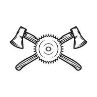 Vintage carpentry woodword mechanic axes and saw cross. Can be used like emblem, logo, badge, label. mark, poster or print. Monochrome Graphic Art. Vector