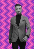 businessman walking forward wearing a causal suit, handsome senior business man hero shot portrait on colorful retro pattern background. photo