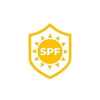SPF, UV protection icon with shield and sun vector