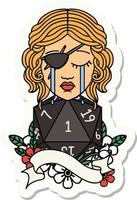 sticker of a crying human rogue with natural one D20 roll vector