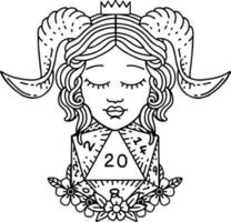 Black and White Tattoo linework Style tiefling with natural twenty d20 dice roll vector