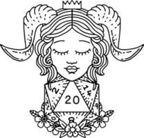 estilo de línea de tatuaje en blanco y negro tiefling con tirada natural de veinte dados d20 vector