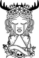 Black and White Tattoo linework Style crying human druid with natural one d20 roll vector