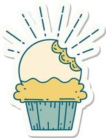 sticker of tattoo style cupcake with missing bite vector