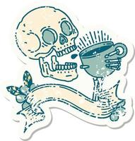 grunge sticker with banner of a skull drinking coffee vector