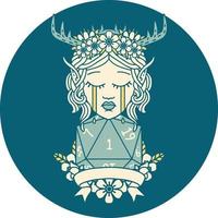 sad elf druid character face with natural one D20 roll illustration vector